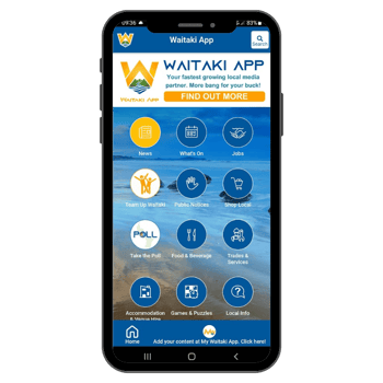Mobile phone showing the home screen of Waitaki App